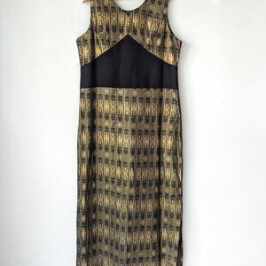 100% Cotton Metallic Gold Print Maxi Sleeveless Column Dress XL